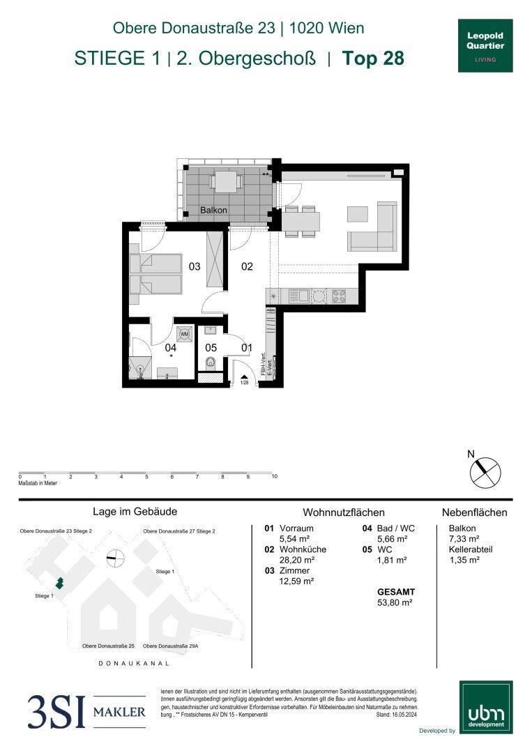 Grundriss einer Wohnung im 2. Obergeschoss mit Balkon und Kellerabteil.