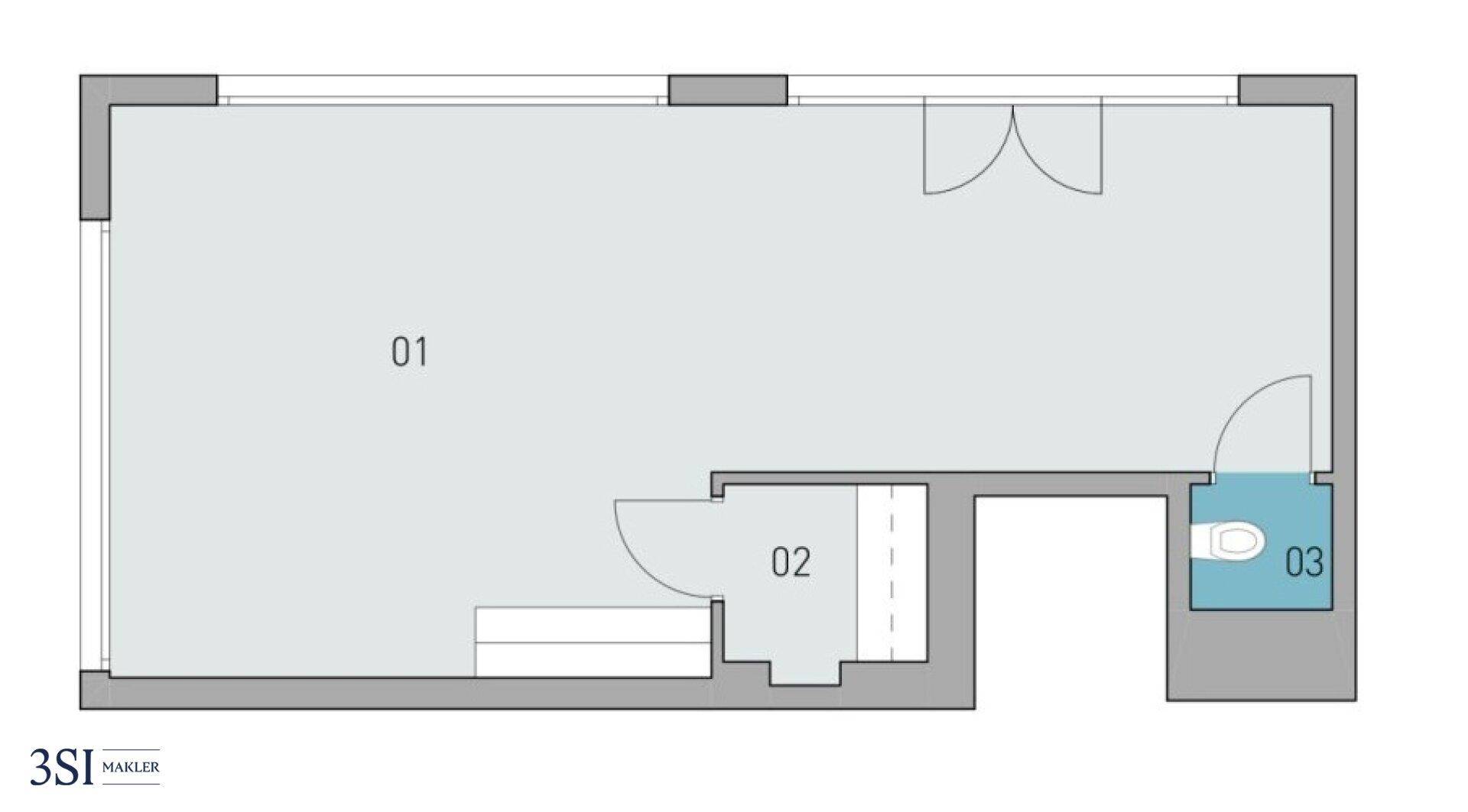 Grundriss einer Einheit mit großem Hauptraum, Nebenraum und separatem WC.