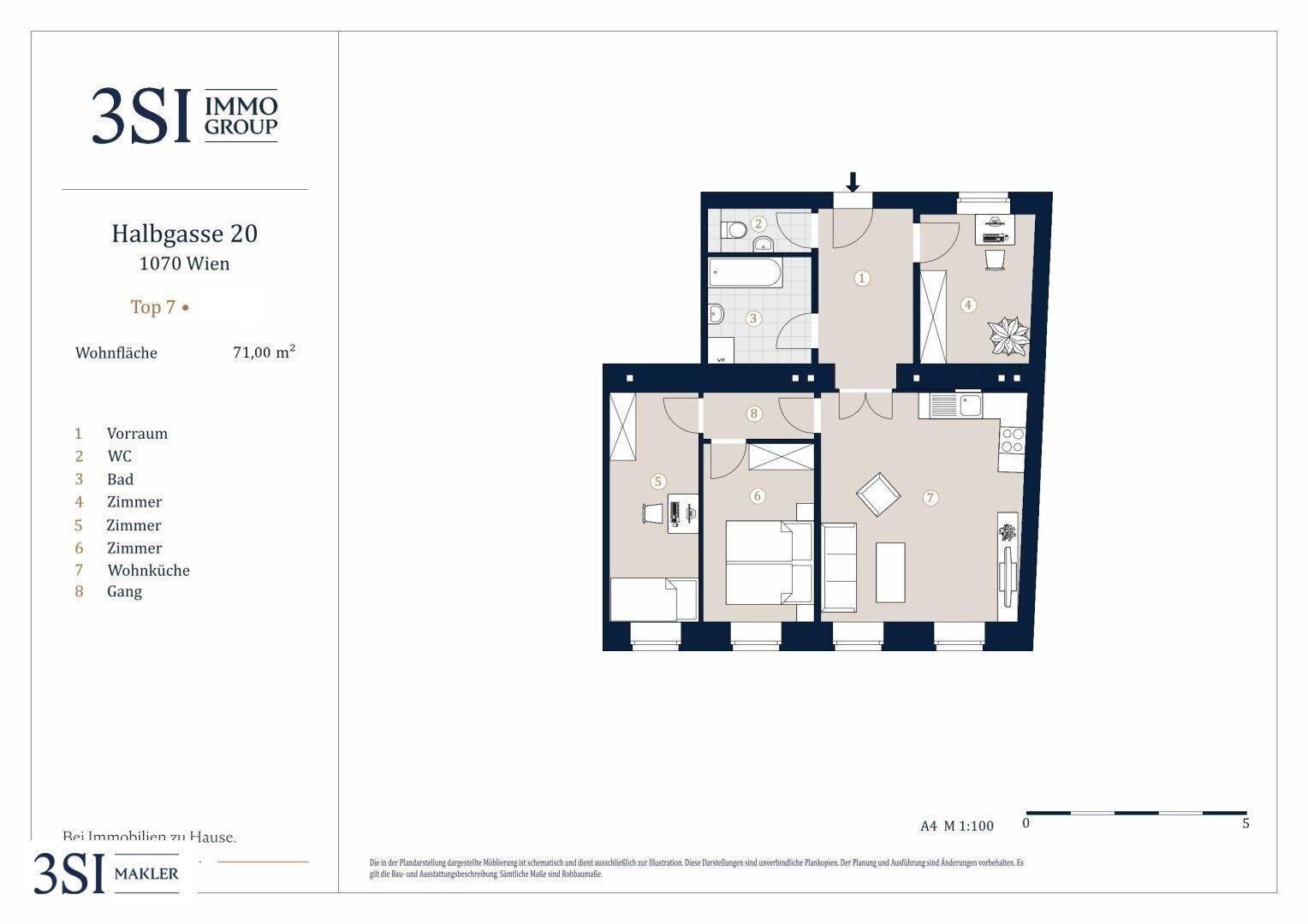 Detaillierter Grundriss einer Wohnung mit offenem Wohnbereich, separatem WC und Bad mit Badewanne.