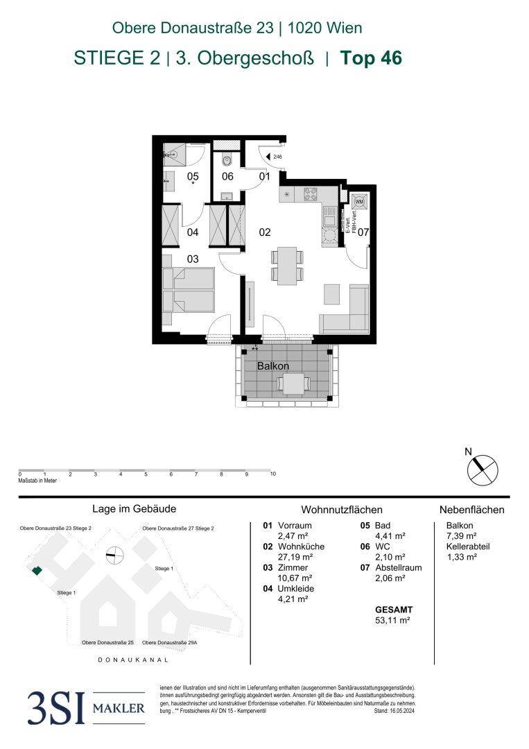 Grundriss einer Wohnung mit Balkon, Schlafzimmern und offenem Wohnbereich.