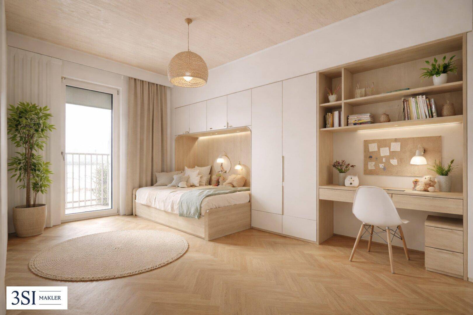 Kinderzimmer mit integriertem Bett, Schreibtisch, Stauraum und Zugang zum Balkon.