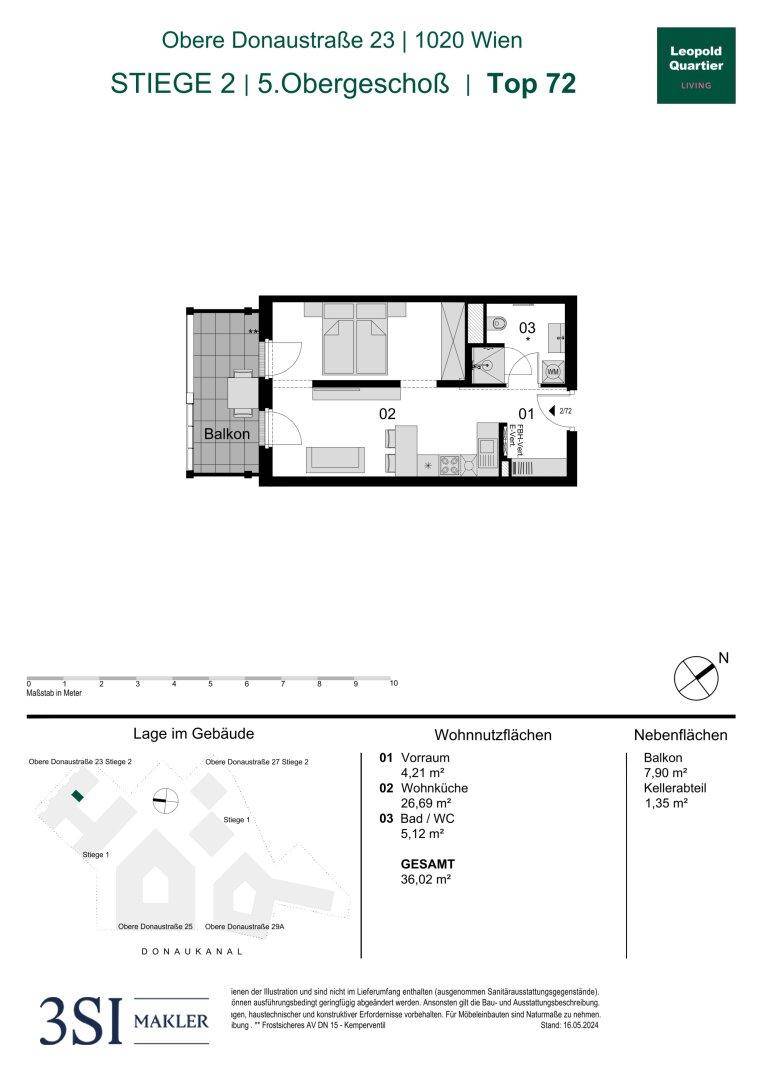 Grundriss einer Wohnung mit Balkon, Schlafzimmer, Wohnküche und Bad auf 36,02 m².