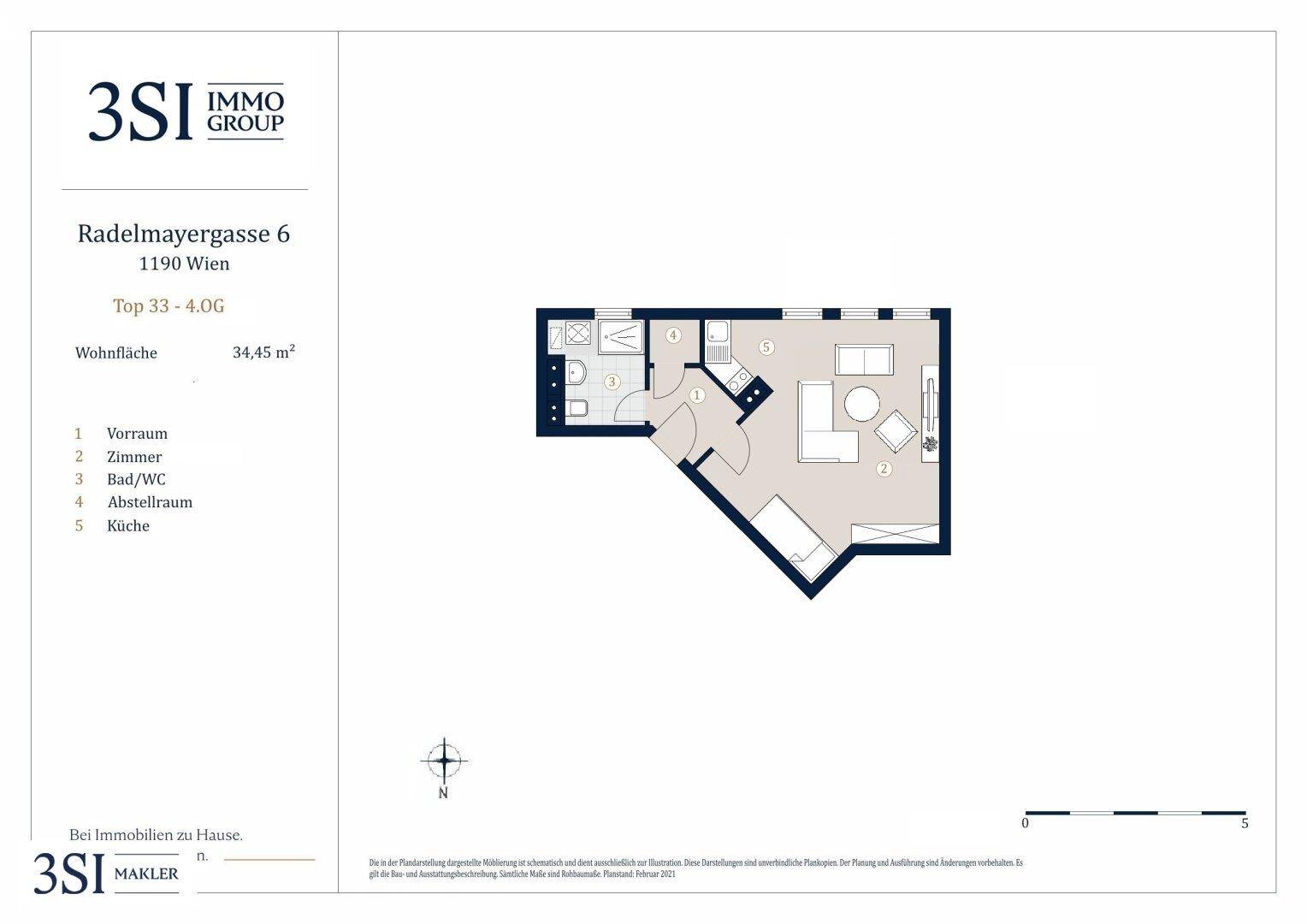 Grundriss der Wohnung mit 34,45 m² Wohnfläche, zeigt Zimmer, Bad/WC und Küche.