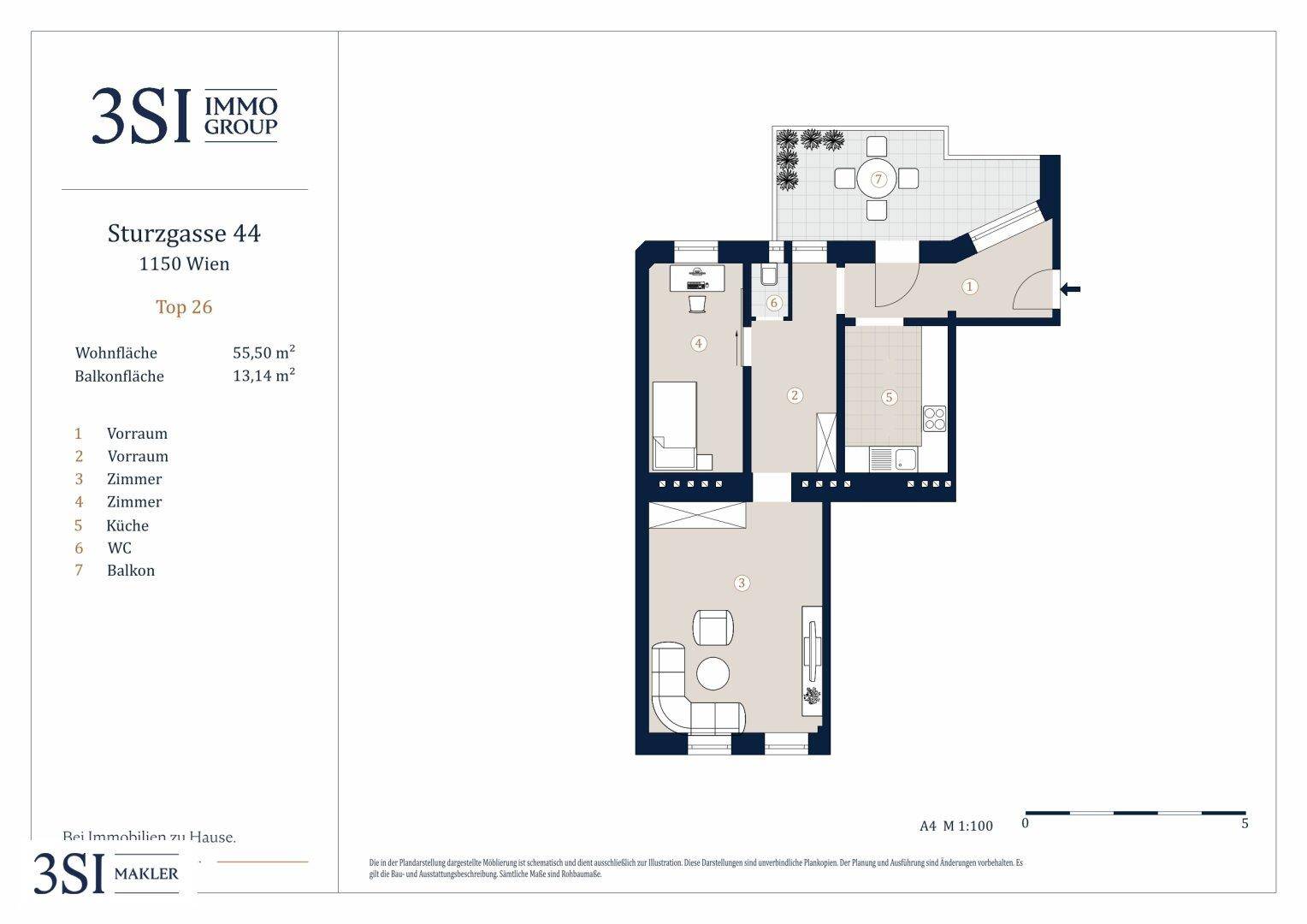 Grundriss einer Wohnung mit separater Küche, Wohnzimmer, Schlafzimmer, Bad, WC und einem Balkon mit Sitzbereich.