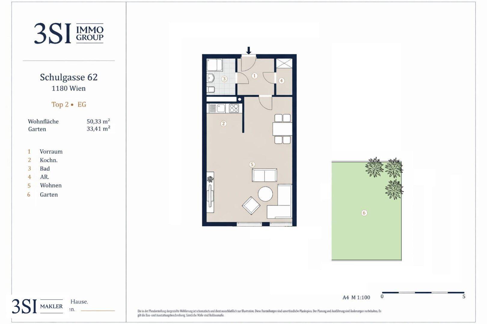 Grundriss einer Erdgeschosswohnung mit offenem Wohnbereich, Bad und separatem Garten.