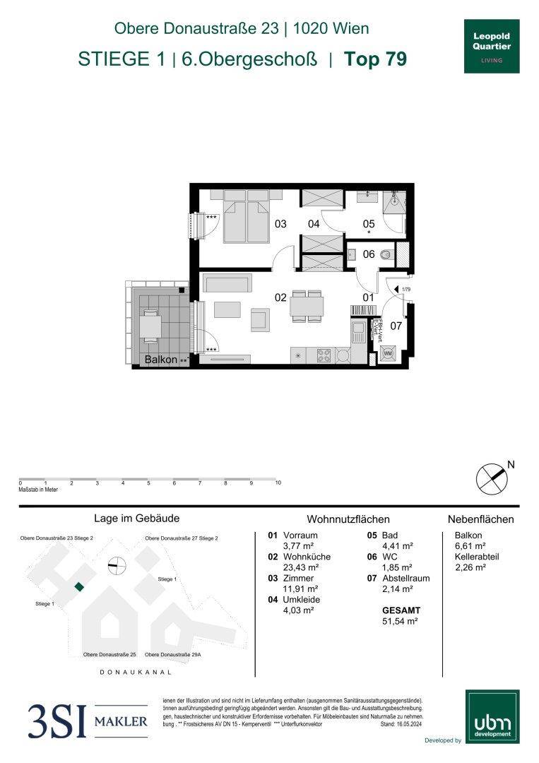 Detaillierter Grundriss einer Wohnung mit Balkon und separatem WC.