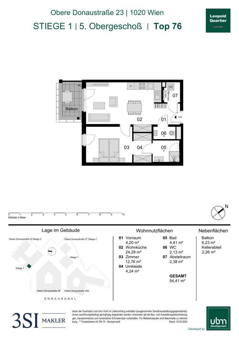 Grundriss einer Wohnung im 5. Obergeschoss mit Balkon und separatem WC.