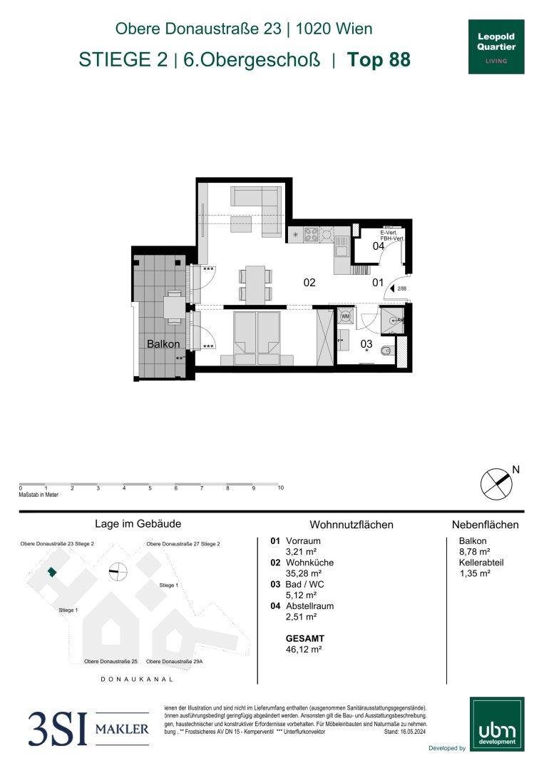 Grundriss einer Wohnung im 6. Obergeschoss mit Balkon und offener Wohnküche.