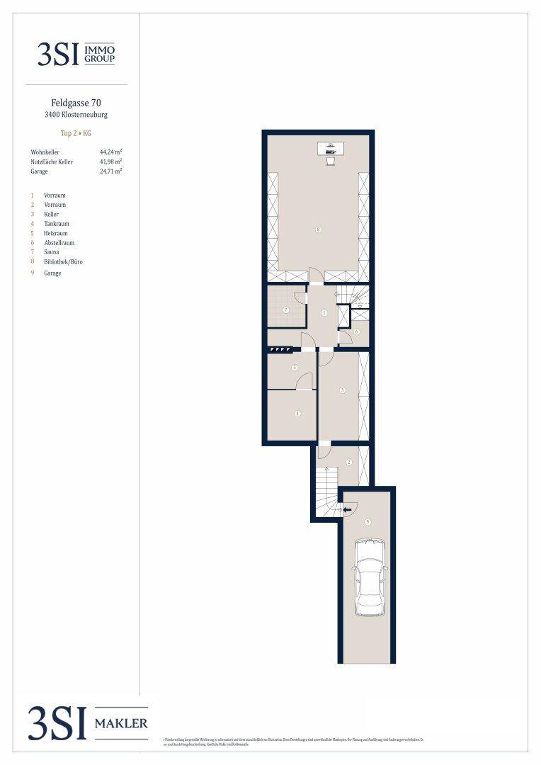 Grundriss des Kellergeschosses mit Kellerraum, Abstellraum, Büro und Garage.