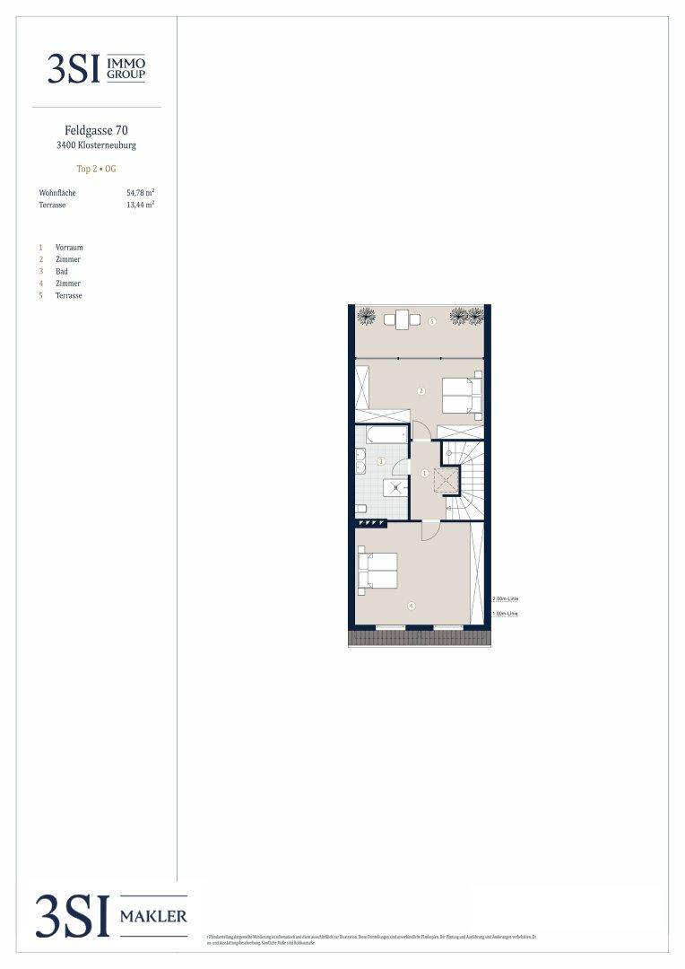 Grundriss des Obergeschosses mit Schlafzimmern, Badezimmer und einer weiteren Terrasse.