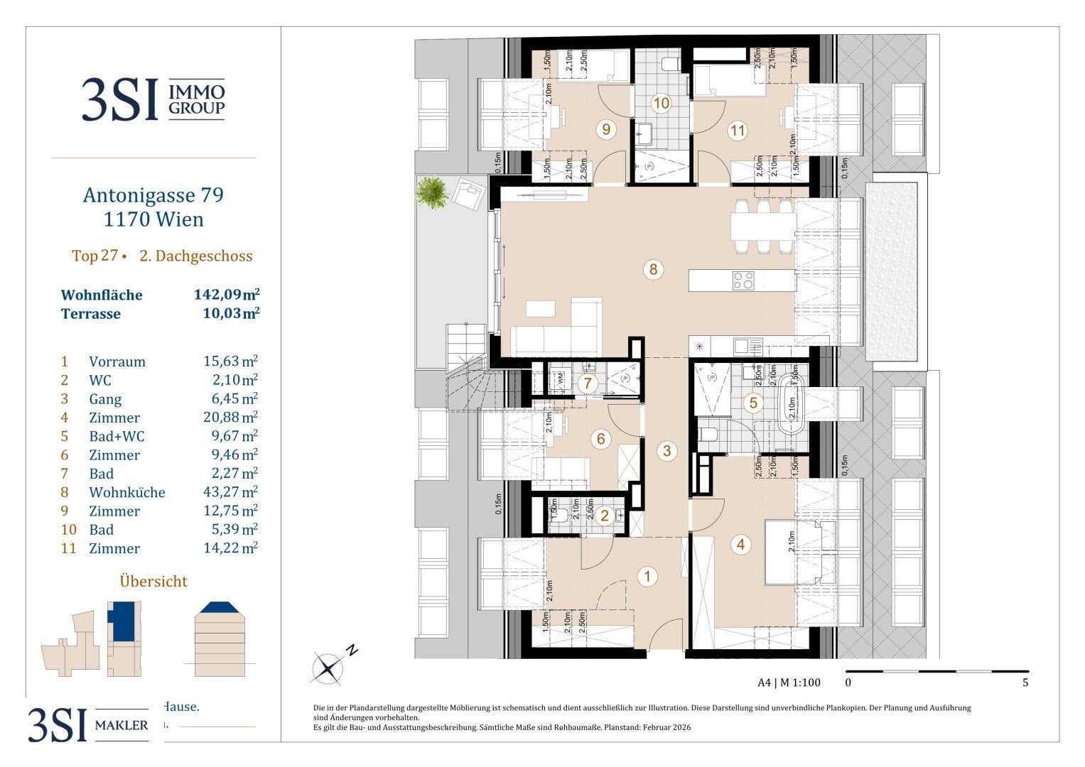 Grundriss des 2. Dachgeschosses mit offener Wohnküche, mehreren Zimmern und Bädern.