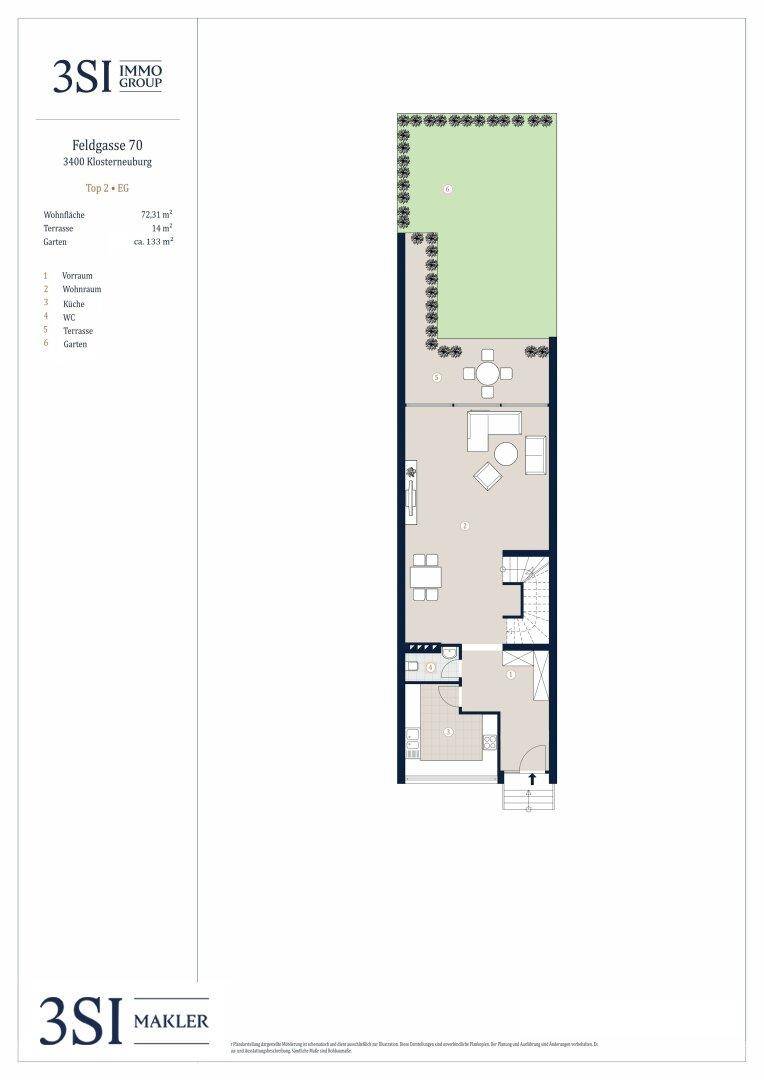 Grundriss des Erdgeschosses mit offenem Wohnbereich, Küche, Terrasse und Garten.