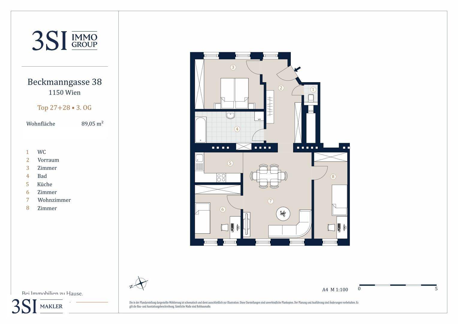 Detaillierter Grundriss einer Wohnung mit 89,05 m² Wohnfläche und mehreren Zimmern.