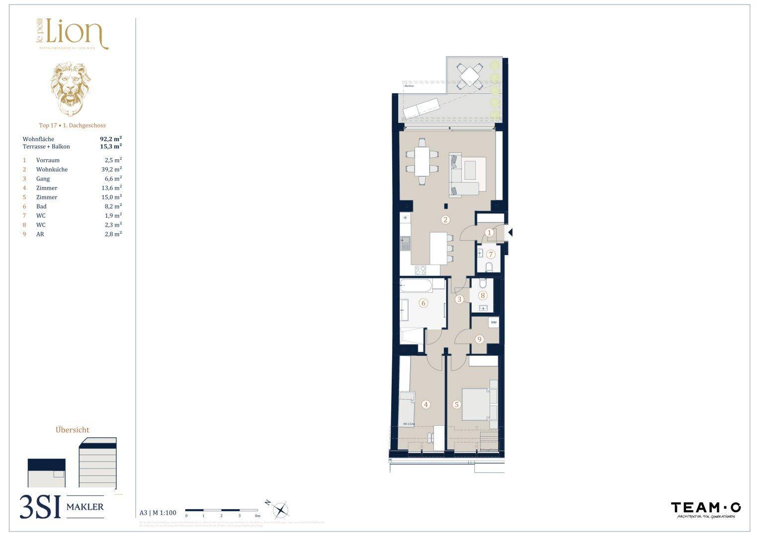 Detaillierter Grundriss einer Dachgeschosswohnung mit Terrasse und mehreren Zimmern.