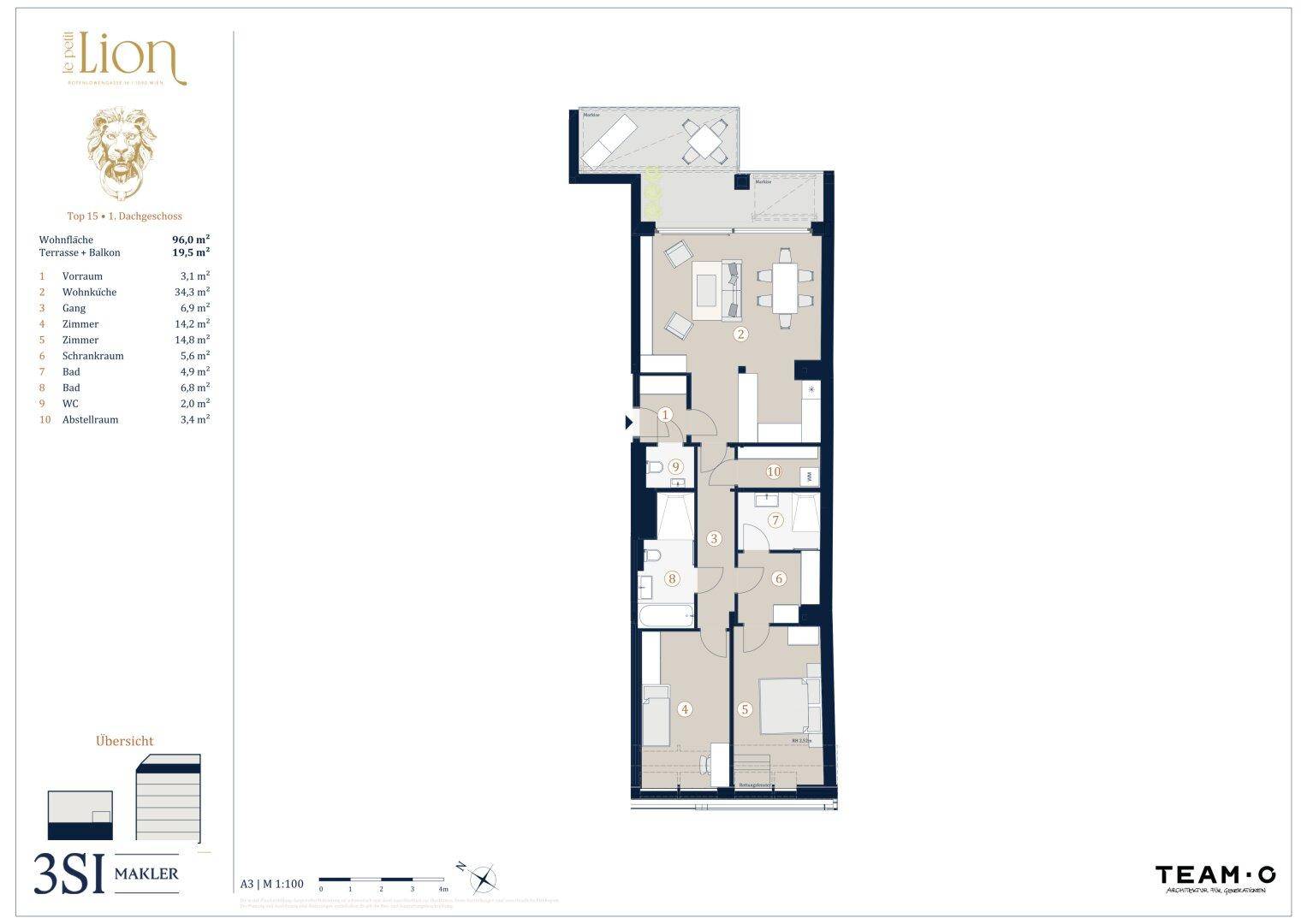 Grundriss einer Wohnung mit offenem Wohnbereich, zwei Bädern, separatem WC und Zugang zu Terrasse und Balkon.