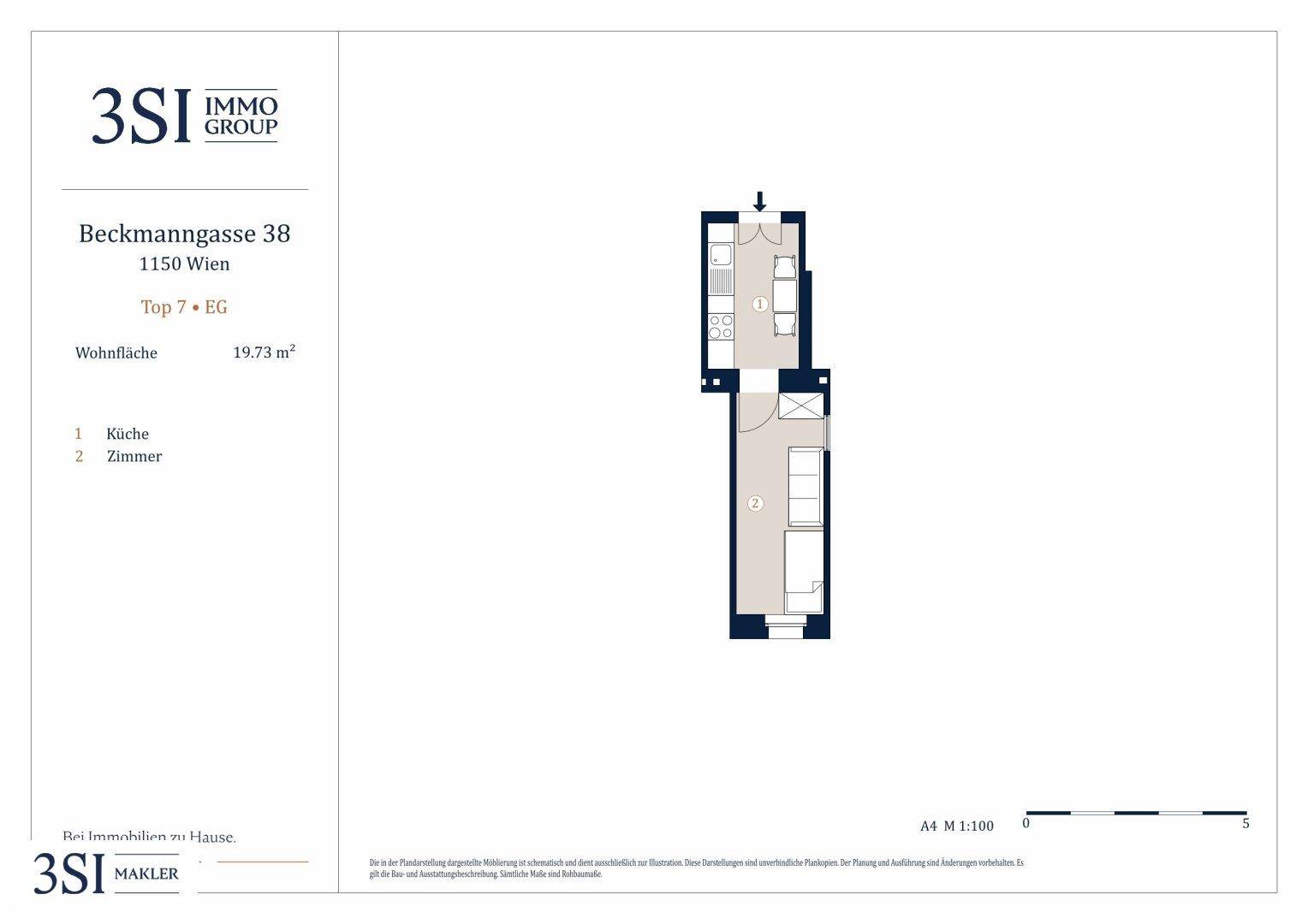 Grundriss einer kompakten Studio-Wohnung mit integrierter Küche, Bad und offenem Wohn-/Schlafbereich.