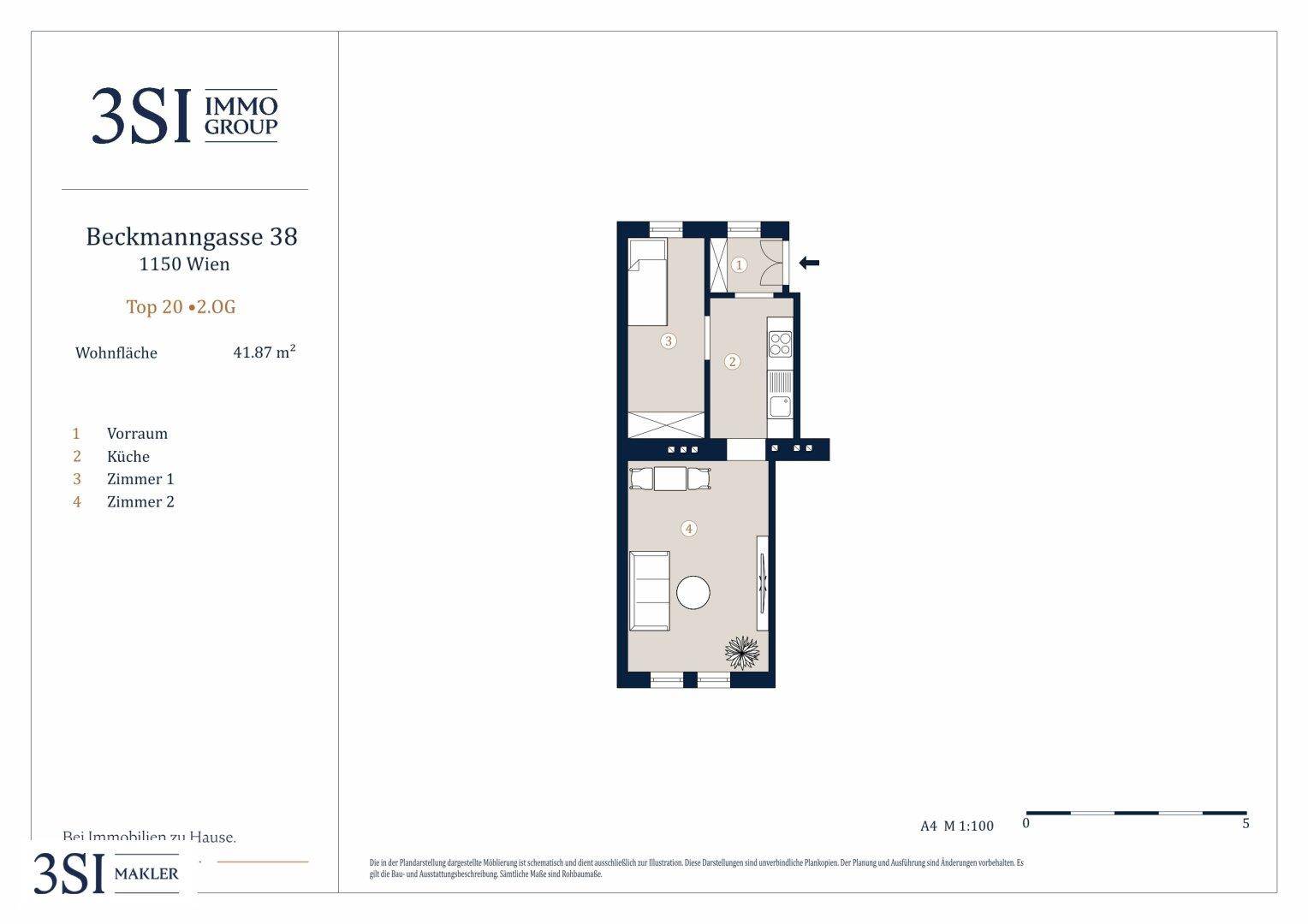 Grundriss einer kompakten Wohnung mit 41.87 m², bestehend aus Vorraum, Küche, Bad und zwei Zimmern.