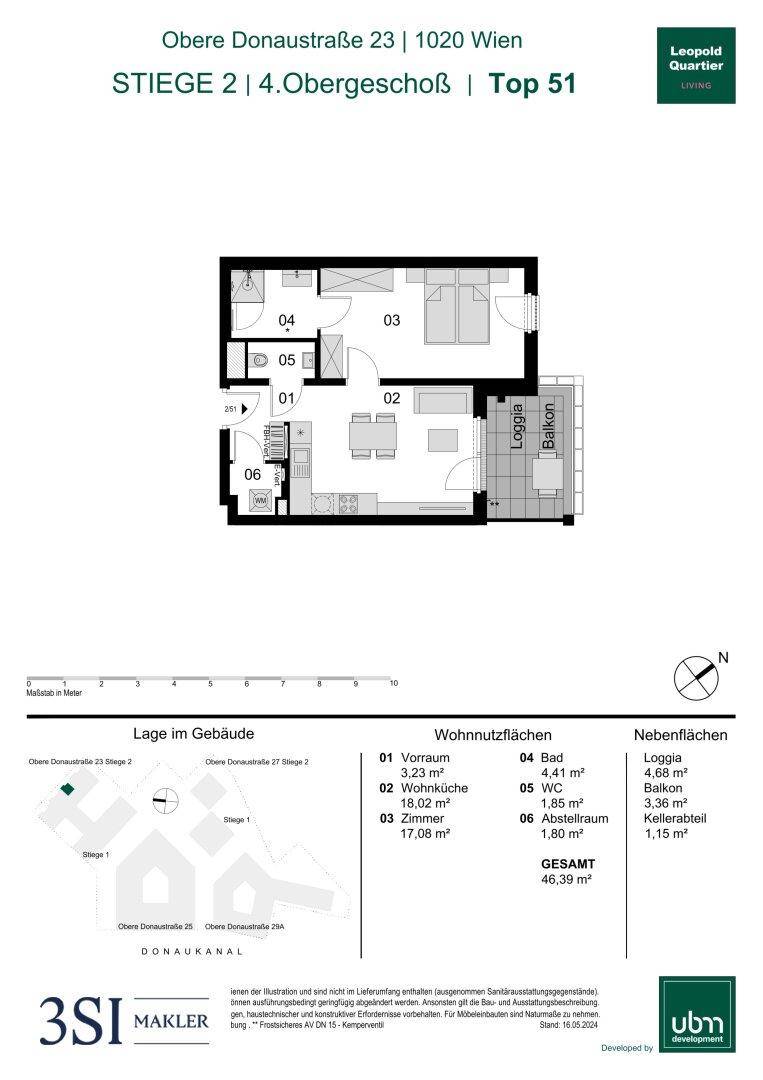 Grundriss einer Wohnung im 4. Obergeschoss mit Loggia und Balkon.