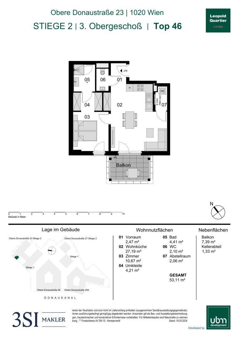Grundriss einer Wohnung mit zwei Schlafzimmern, offenem Wohnbereich und Balkon.