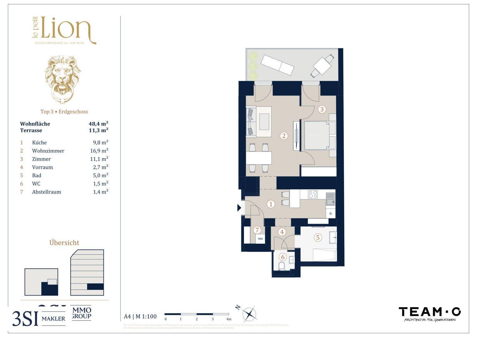 Grundriss einer Erdgeschosswohnung mit Terrasse, separatem WC und praktischem Abstellraum.