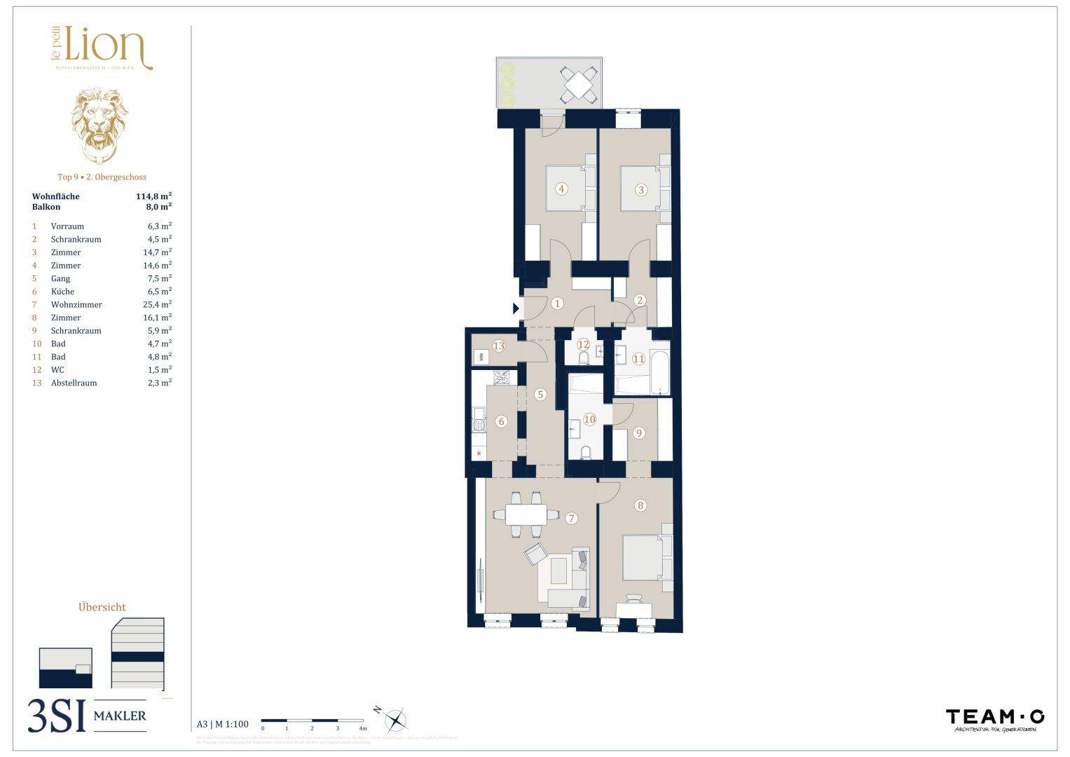 Detaillierter Grundriss einer Wohnung mit offenem Wohnbereich, drei Schlafzimmern, zwei Bädern und einem Balkon.