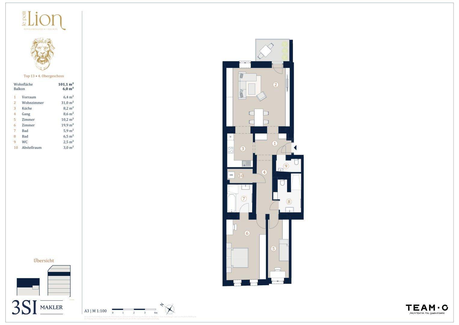 Grundriss einer Wohnung mit offenem Wohn-Essbereich, zwei Schlafzimmern, zwei Bädern und einem Balkon.