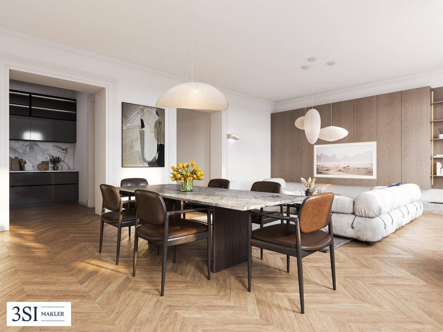 Eleganter offener Wohn-Essbereich mit modernem Design, Fischgrätparkett und stilvoller Beleuchtung.