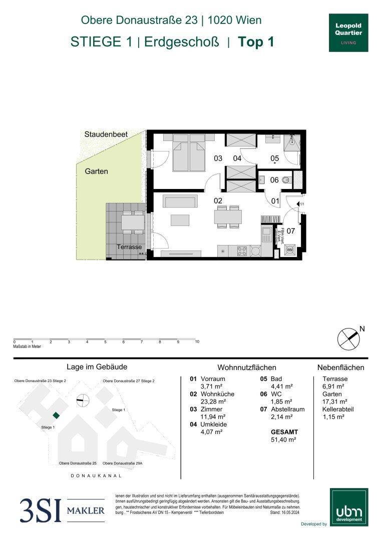 Grundriss der Erdgeschosswohnung mit Terrasse und privatem Gartenbereich.