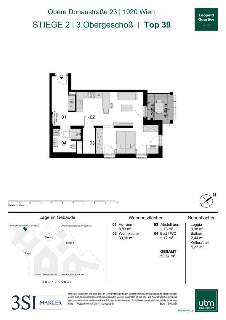Grundriss einer Wohnung im 3. Obergeschoss mit Loggia und separatem Abstellraum.