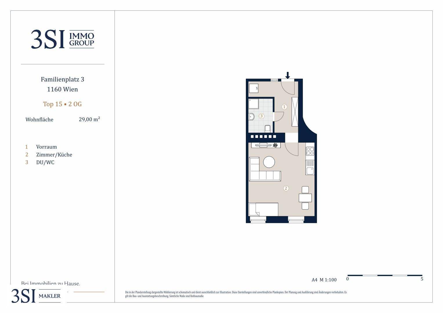 Grundrissplan einer kleinen Wohnung mit 29,00 m² Wohnfläche, offenem Wohn-/Küchenbereich und Duschbad.