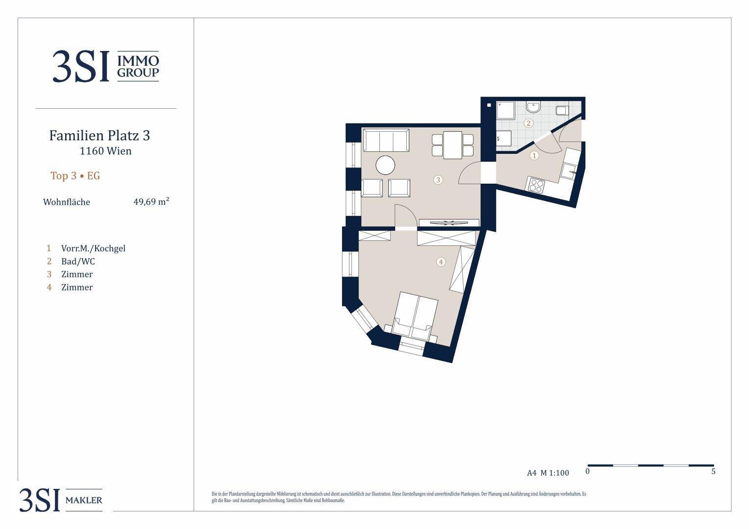 Grundriss einer Wohnung mit 49,69 m² Wohnfläche und drei Zimmern.