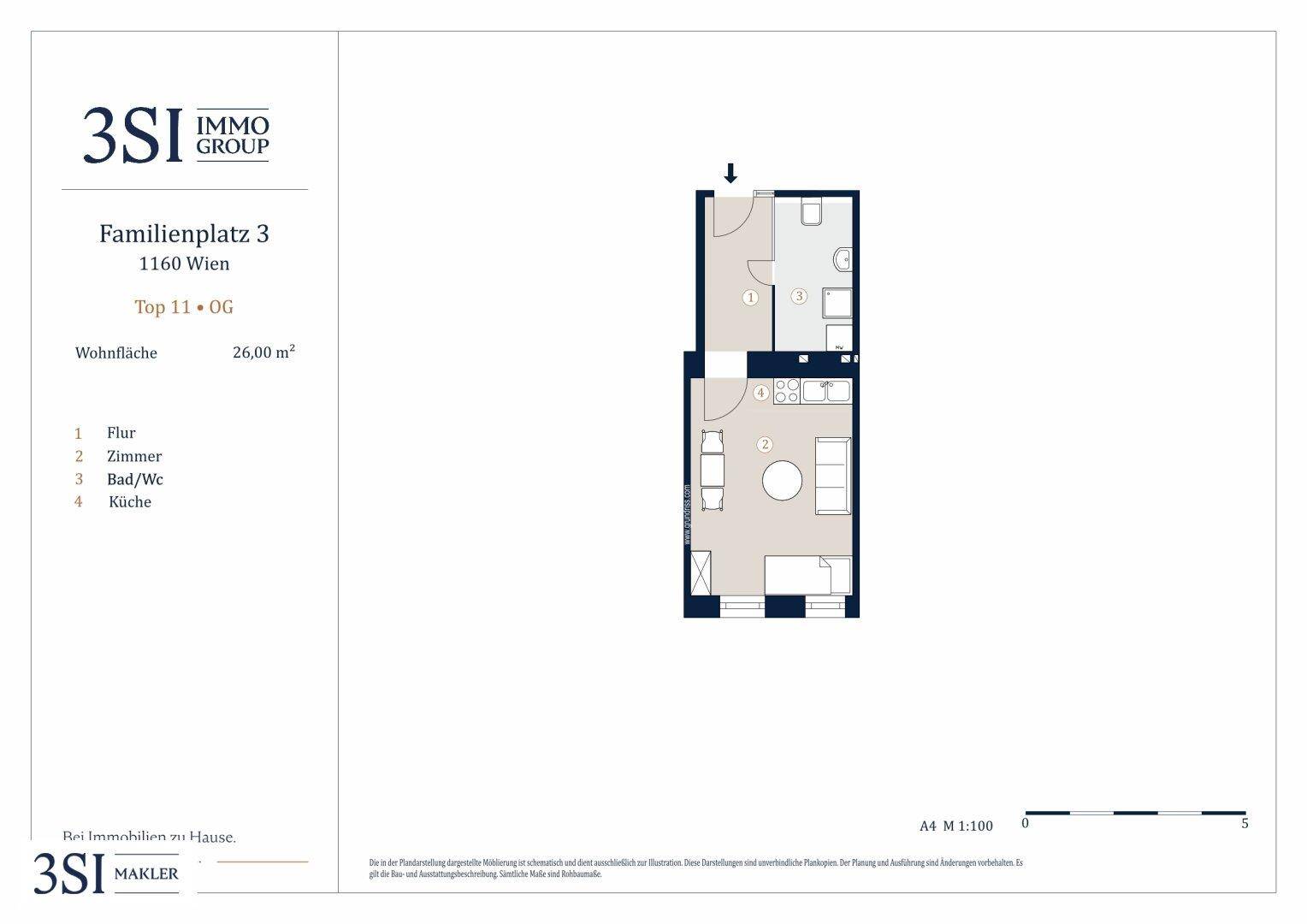 Grundriss einer kompakten Wohnung mit offenem Wohnbereich, integrierter Küche und separatem Bad.