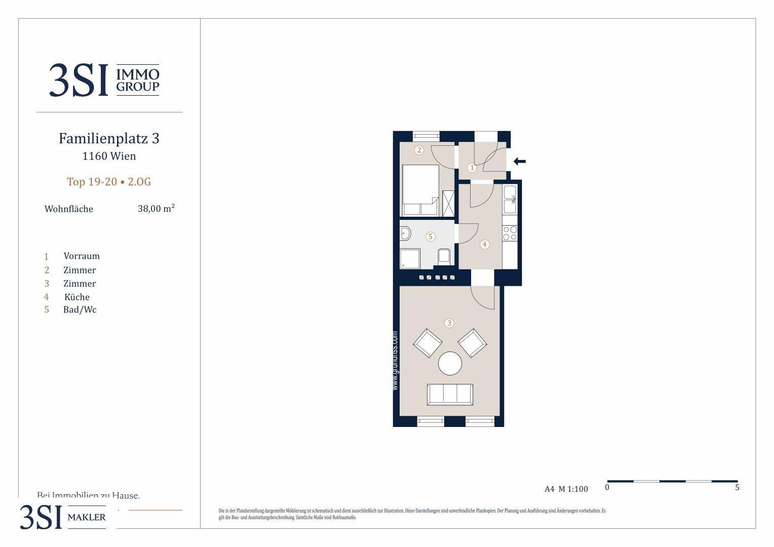 Grundriss einer kompakten Wohnung mit separater Küche, Schlafzimmer und Badezimmer.