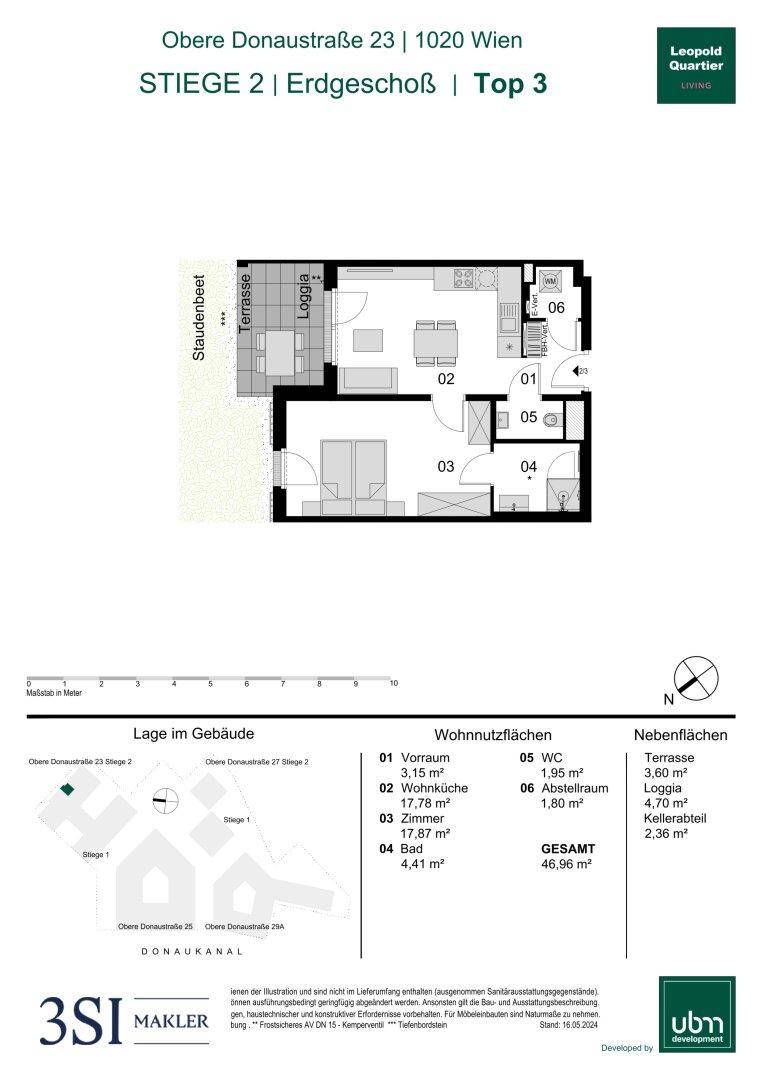 Grundriss einer Erdgeschosswohnung mit Terrasse, Loggia und offenem Wohnbereich.