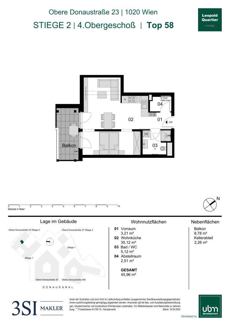 Grundriss einer Wohnung im 4. Obergeschoss mit Balkon und separatem WC.