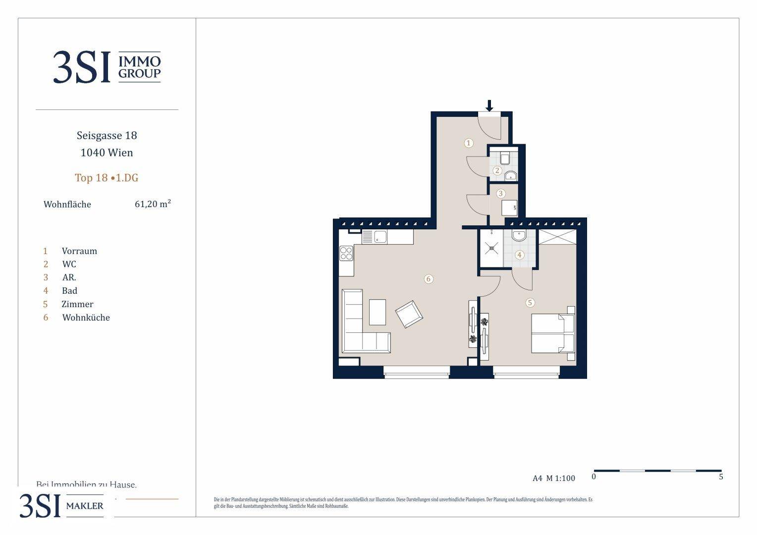 Detaillierter Grundriss einer Wohnung mit offener Wohnküche, einem Schlafzimmer und separatem WC.