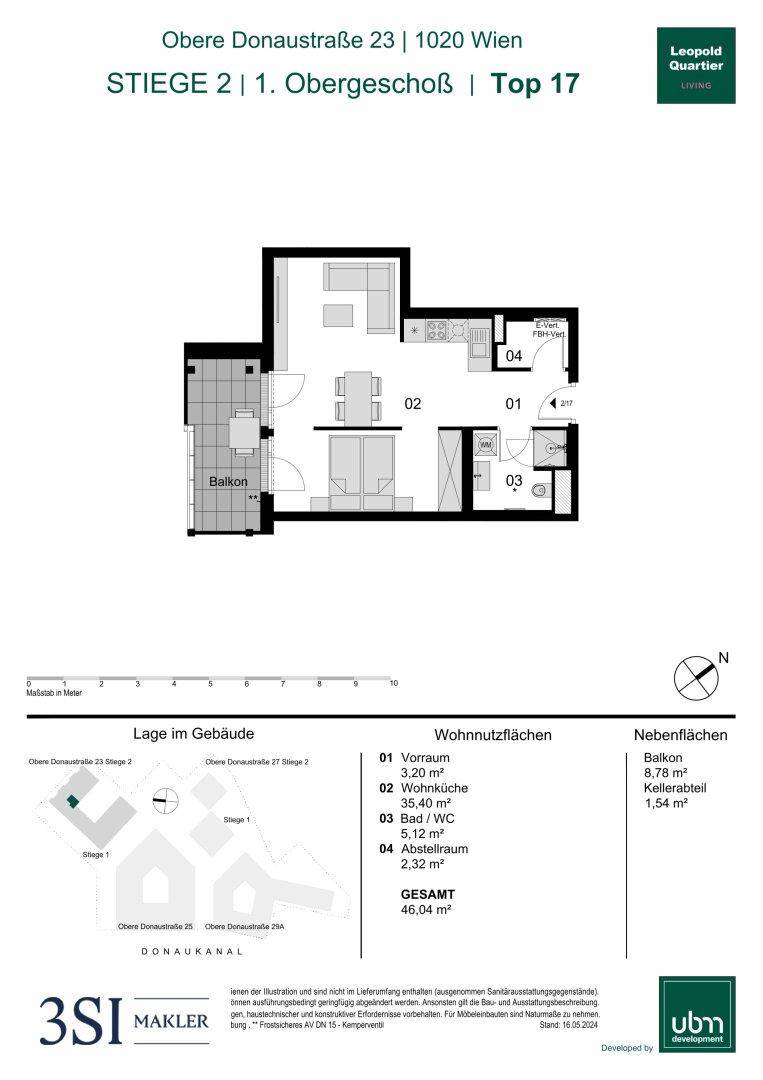 Grundriss der Wohnung Top 17 im ersten Obergeschoss mit Balkon und Wohnnutzflächenangaben.
