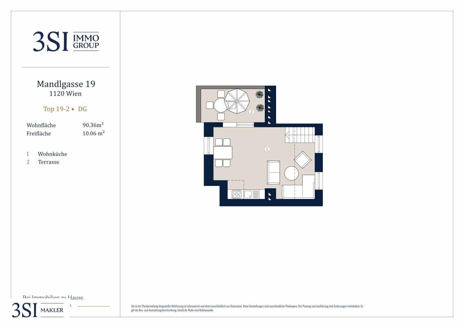 Grundriss einer Wohnung mit offener Wohnküche und großer Terrasse für entspannte Stunden im Freien.