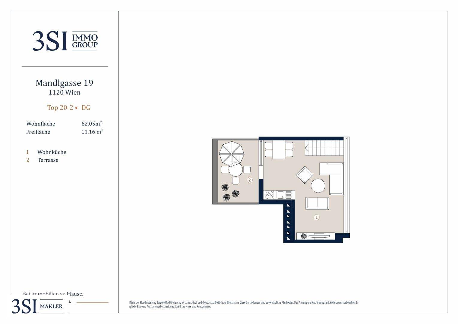 Grundriss einer Wohnung mit offener Wohnküche und großer Terrasse, ideal für entspannte Stunden im Freien.
