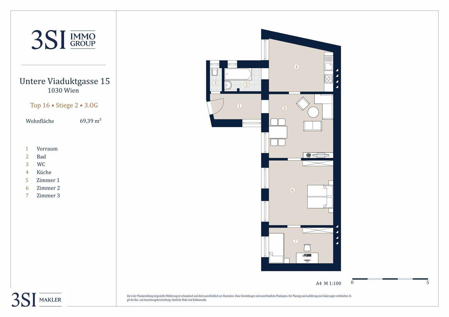 Grundriss einer Wohnung mit offenem Wohnbereich, separater Küche, drei Zimmern, einem Badezimmer mit Badewanne und einem Gäste-WC.