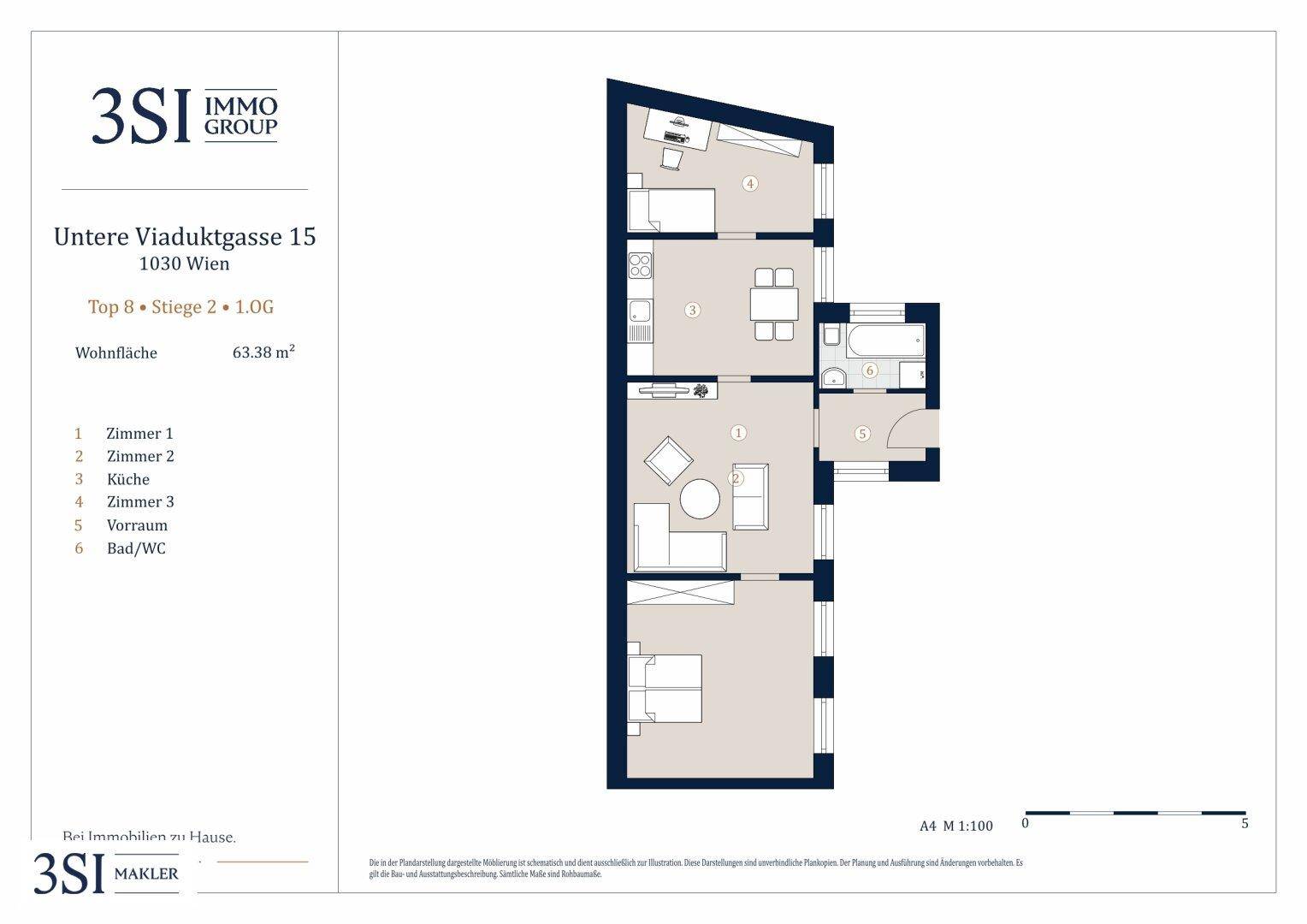 Grundriss einer Wohnung mit drei Zimmern und separatem Bad und WC.