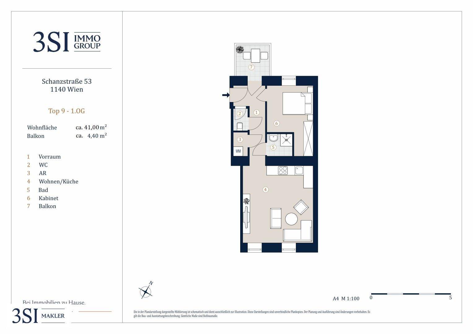 Grundrissplan einer Wohnung mit offenem Wohn-/Küchenbereich, Schlafzimmer, Bad und Balkon.