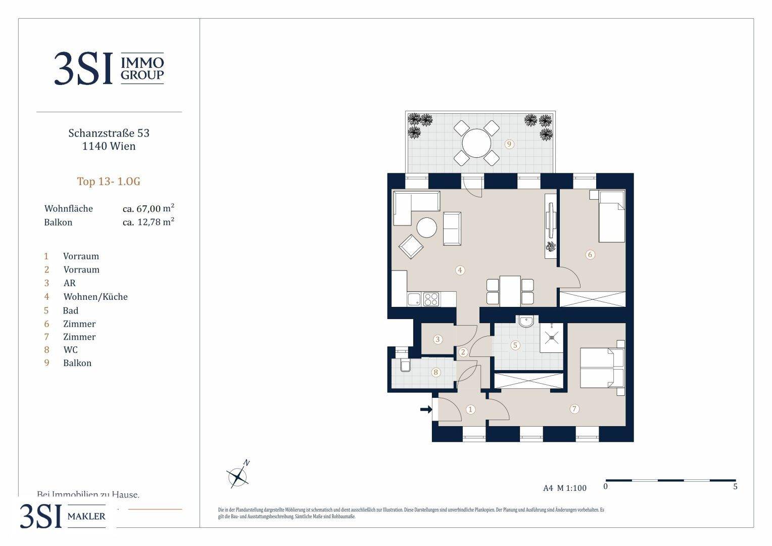 Grundriss einer Wohnung mit offenem Wohn-/Küchenbereich, zwei Schlafzimmern, Bad, separatem WC und einem Balkon.