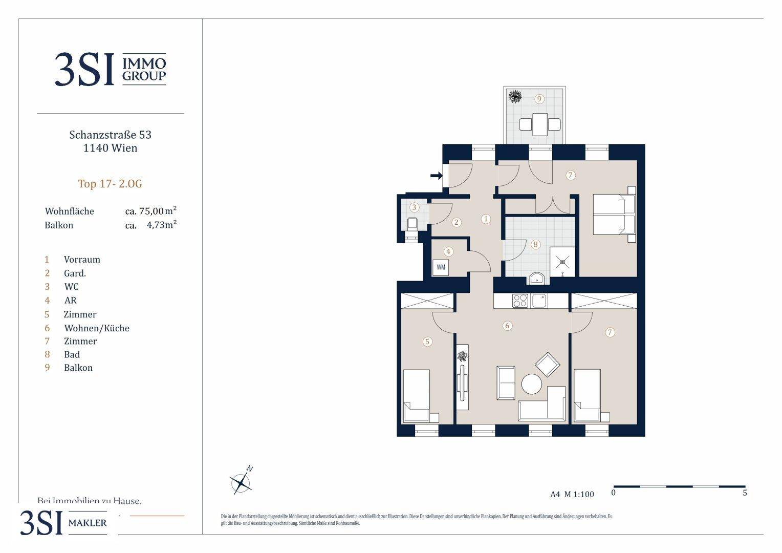 Detaillierter Grundriss einer Wohnung mit offenem Wohn-/Küchenbereich, zwei Schlafzimmern, Bad, separatem WC und Balkon.