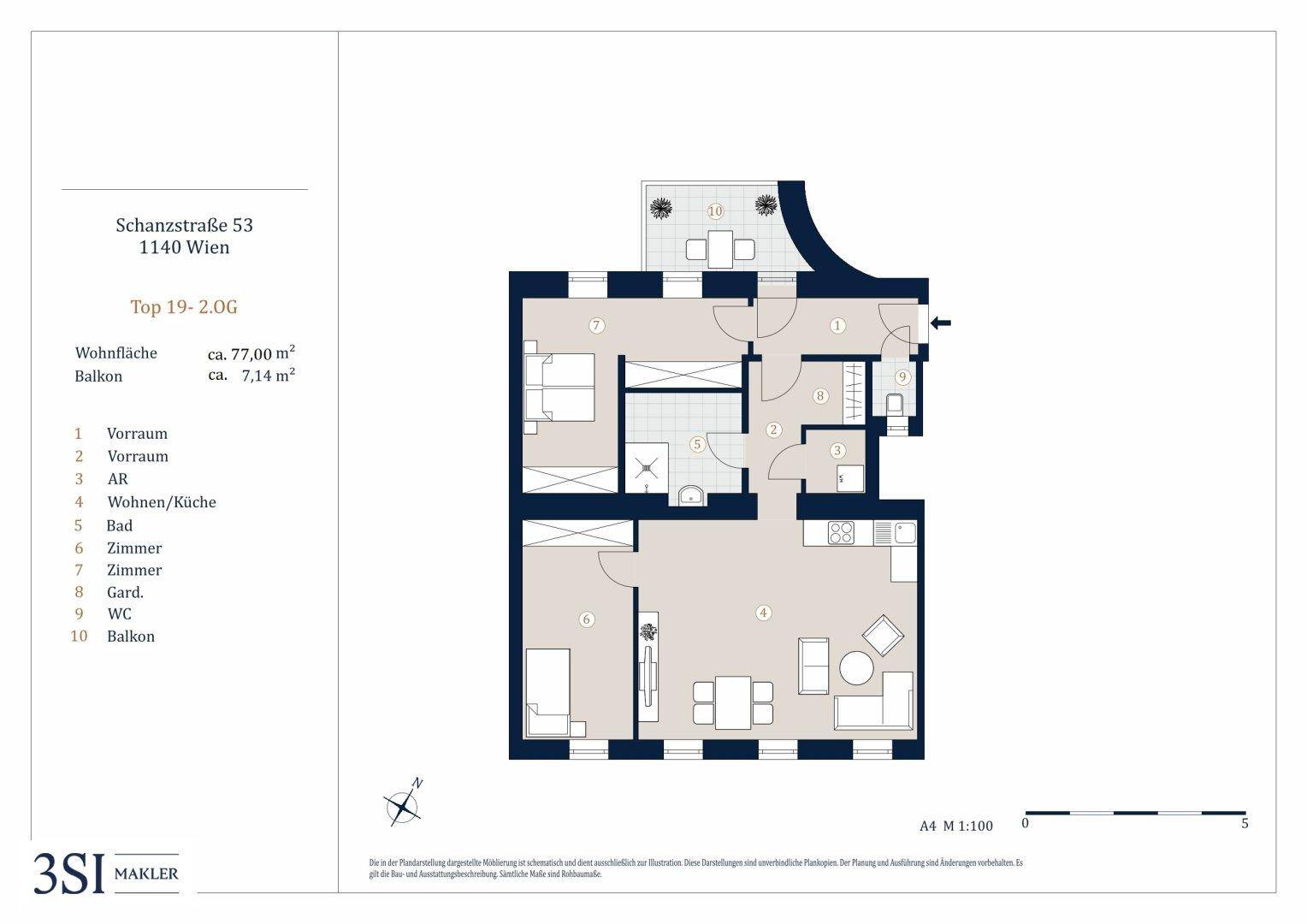 Detaillierter Grundriss einer Wohnung mit offenem Wohn-/Küchenbereich, zwei Schlafzimmern, einem Badezimmer und separatem WC, ergänzt durch einen Balkon.