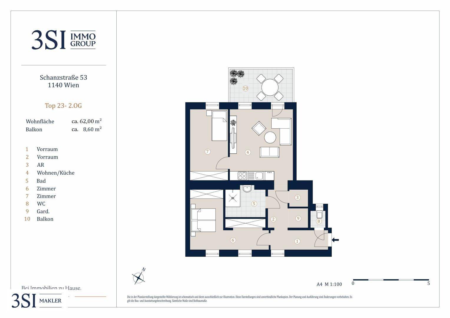Grundrissplan einer Wohnung mit offenem Wohn-/Küchenbereich, zwei Zimmern, Bad, separatem WC und Balkon.