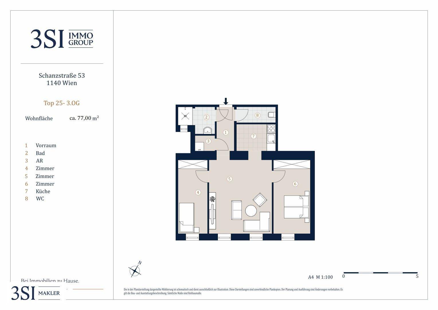 Grundriss einer Wohnung mit ca. 77 m² Wohnfläche, bestehend aus Wohnzimmer, Schlafzimmer, Küche und Bad.