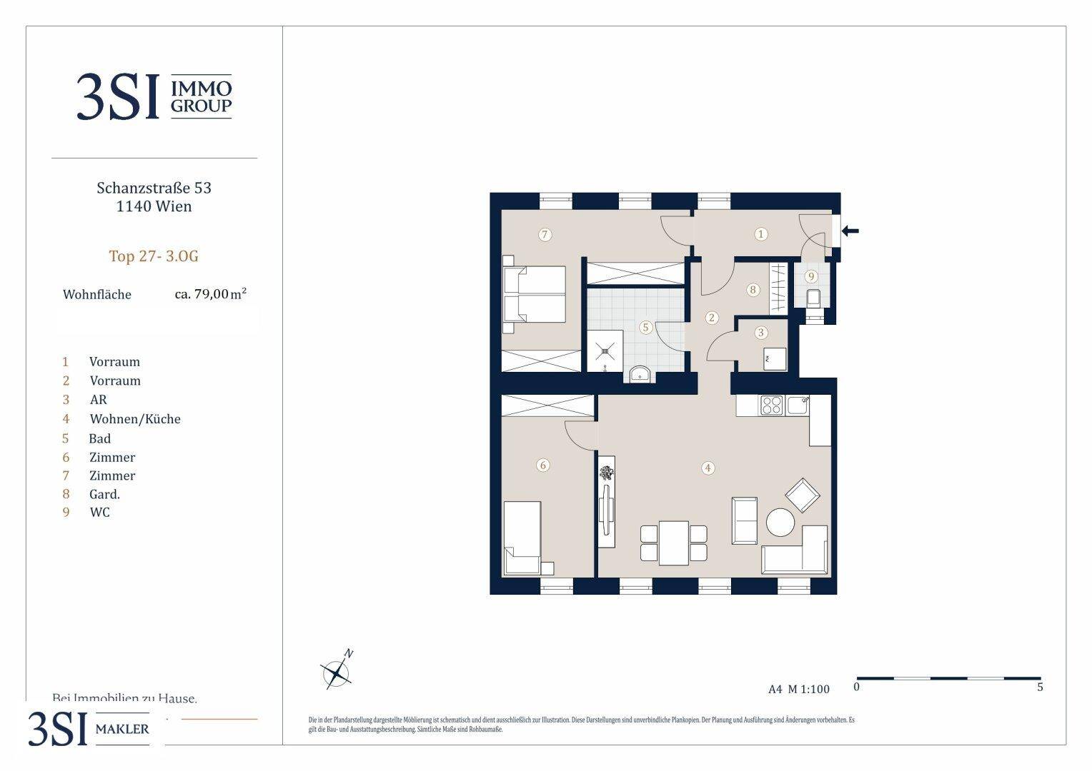 Grundriss einer Wohnung mit ca. 79 m² Wohnfläche, offenem Wohn-/Küchenbereich, zwei Schlafzimmern und separatem WC.