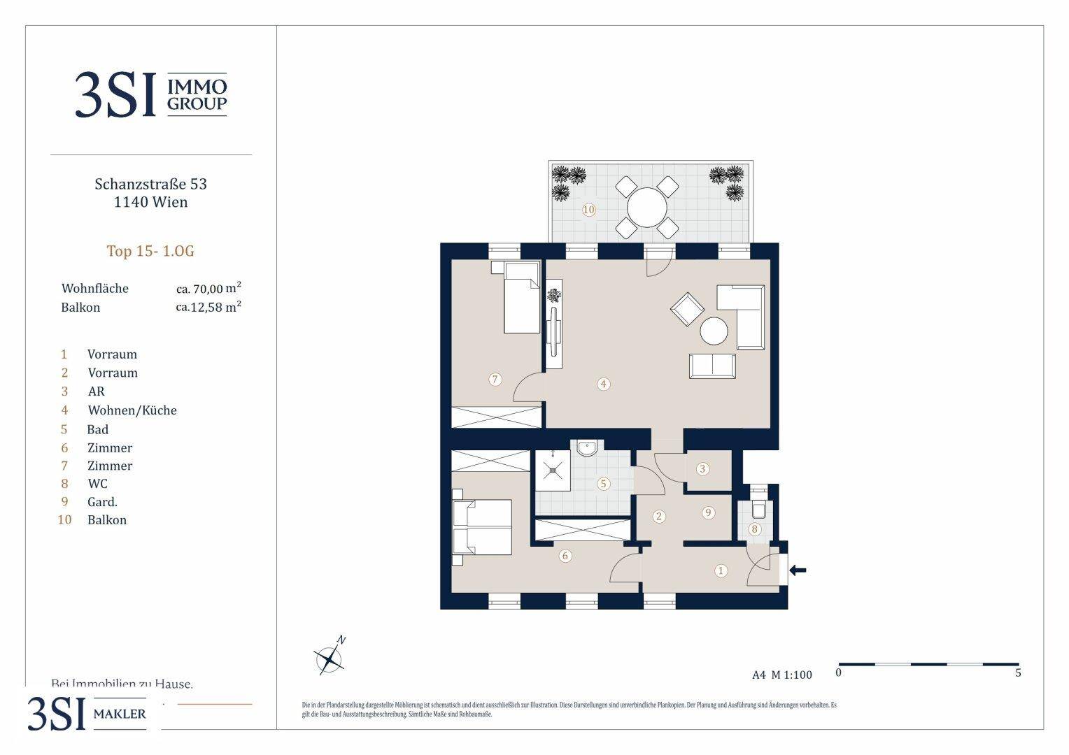 Grundriss einer Wohnung mit offenem Wohn-/Küchenbereich, zwei Zimmern, Bad, separatem WC und einem Balkon.