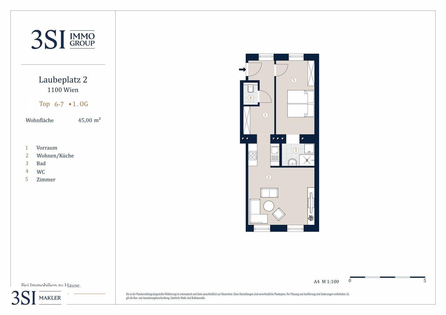 Grundriss einer 45 m² Wohnung mit einem Schlafzimmer und offenem Wohnbereich.